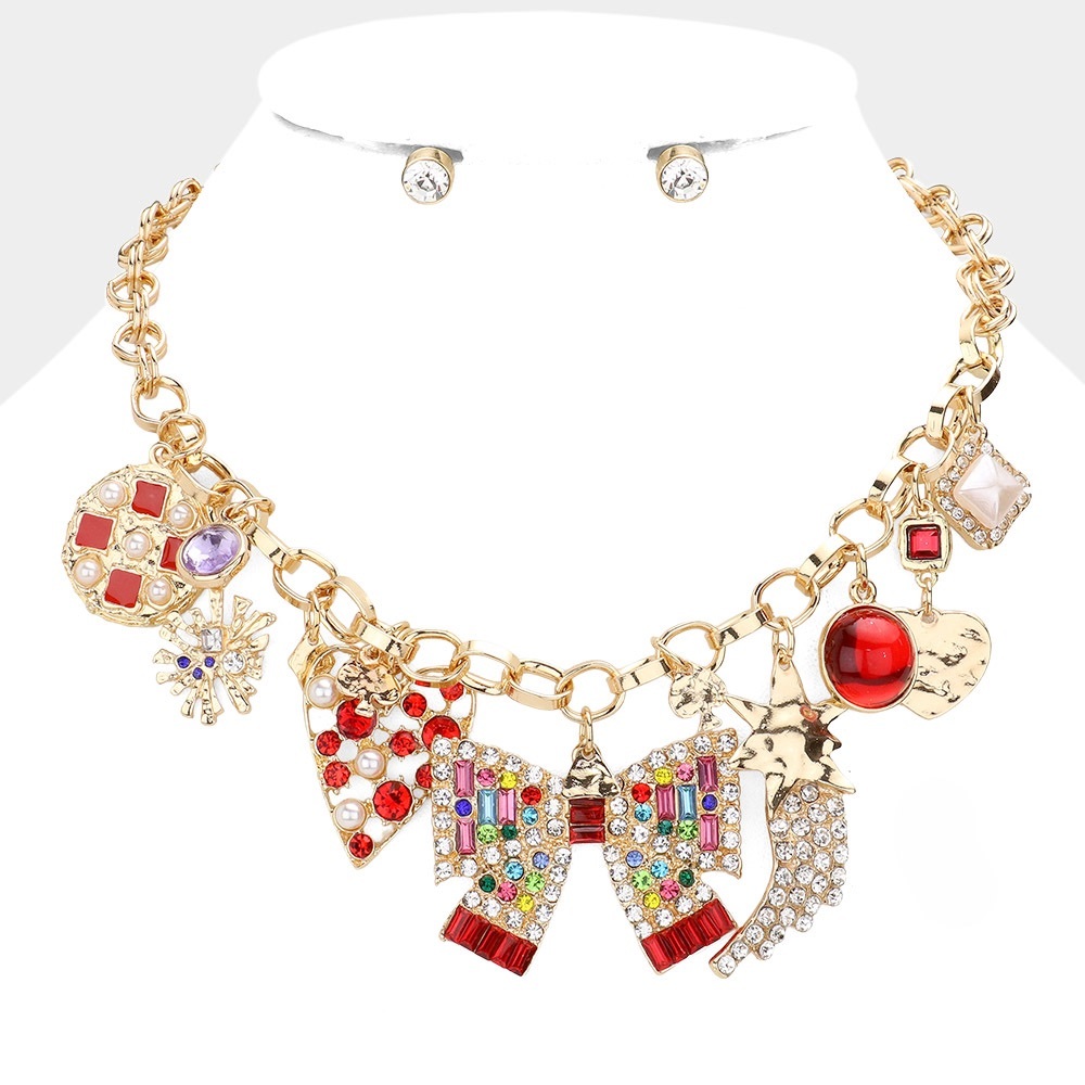 Heart bow pearl and shooting star pendant charm necklace